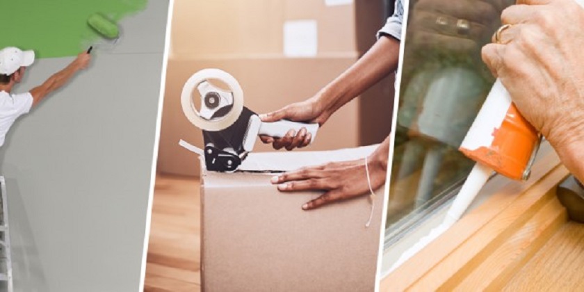 Man painting wall, taping up a box and sealing a window showing the full breadth of our coatings, adhesives, sealants, and elastomers business