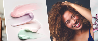 Beauty products formulated with silicone ingredients are smeared on a light background next to a young woman smiling