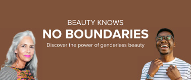 A man and woman who defy conventional beauty standards smile next to the text 'Beauty knows no boundaries'